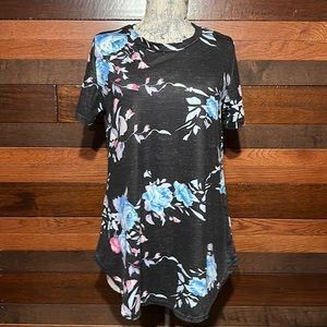 No Brand Tag Scoop Neck Short Sleeve Black Floral Tee Shirt